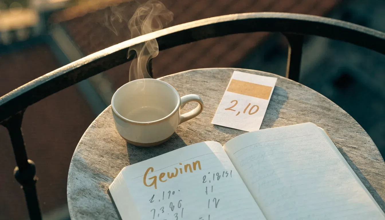 Eine Kaffeetasse und ein aufgeklappter leerer Notizblock stehen auf einem Balkontisch mit Blick über Hausdächer.