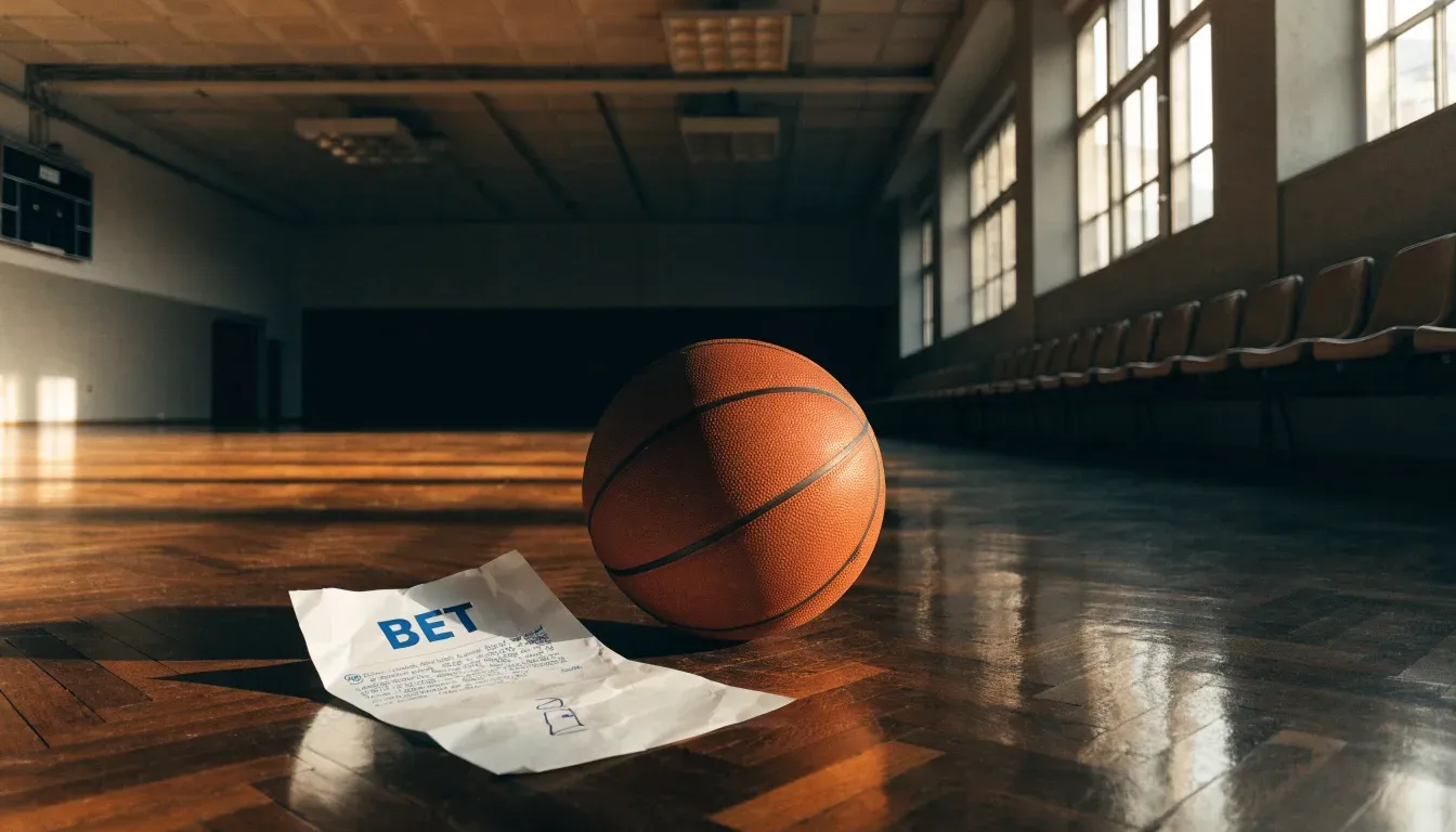 Ein Basketball liegt auf dem Parkett einer leeren Sporthalle im Licht der Deckenlampen.