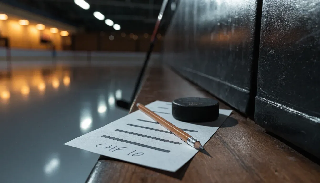 Ein Eishockeyschläger lehnt an der Bande einer leeren Halle, auf dem Eis spiegeln sich die Deckenlampen.