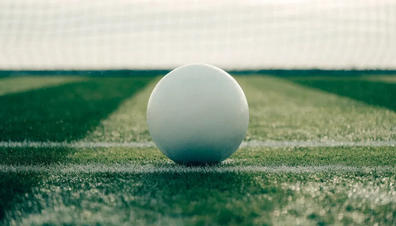 Ein einzelner Fussball liegt auf dem Elfmeterpunkt eines leeren Strafraums, der Rasen glänzt nass.