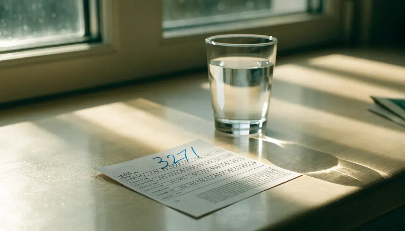Ein altes Radio steht auf einer Küchenablage neben einem Glas Wasser, Morgenlicht fällt durchs Fenster.