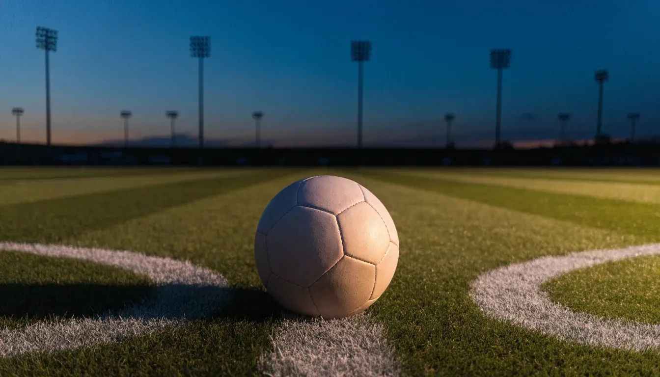 Ein Fussball liegt auf dem Mittelpunkt eines leeren Rasenplatzes, im Hintergrund ragen Flutlichtmasten in die Abenddämmerung
