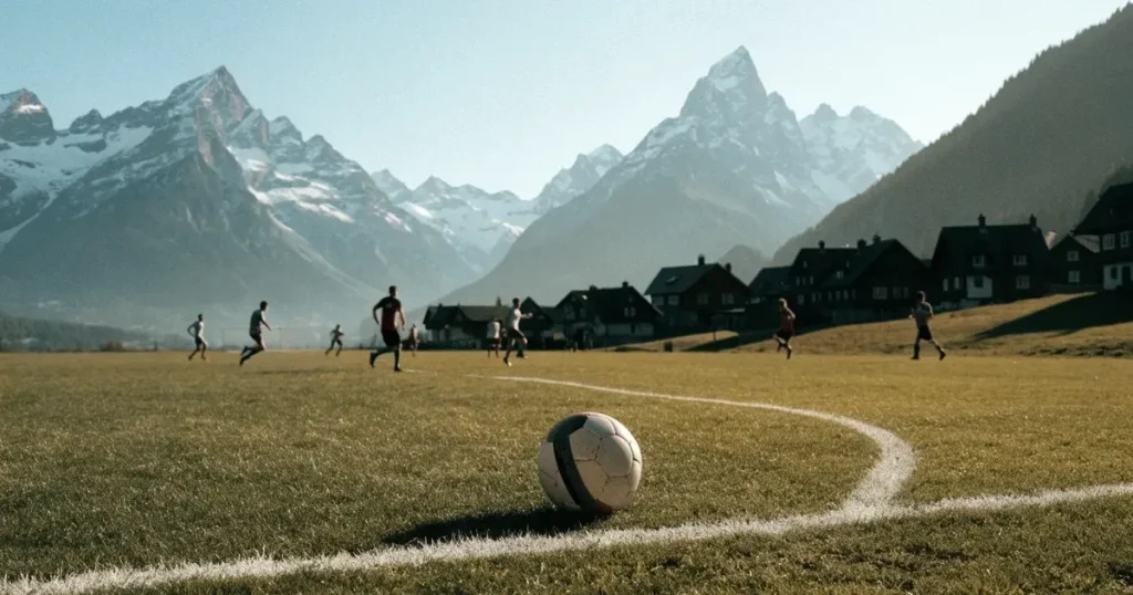 Ein Dorf-Sportplatz mit einem Ball am Strafraumrand, dahinter schneebedeckte Alpengipfel im klaren Morgenlicht