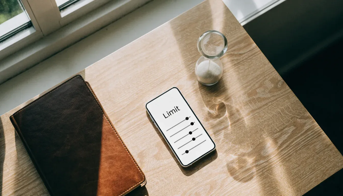 Eine Sanduhr steht neben einem Smartphone mit dunklem Display auf einem Holztisch, ruhiges Tageslicht fällt von der Seite ein