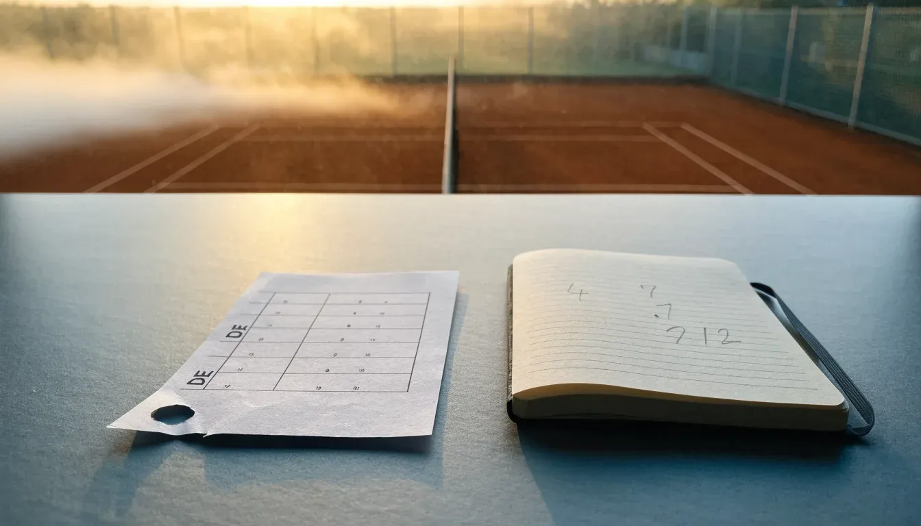 Ein Tennisplatz mit Sandbelag in der Morgendämmerung, Netz und Linien liegen im ersten Licht, Nebel hängt über dem Boden