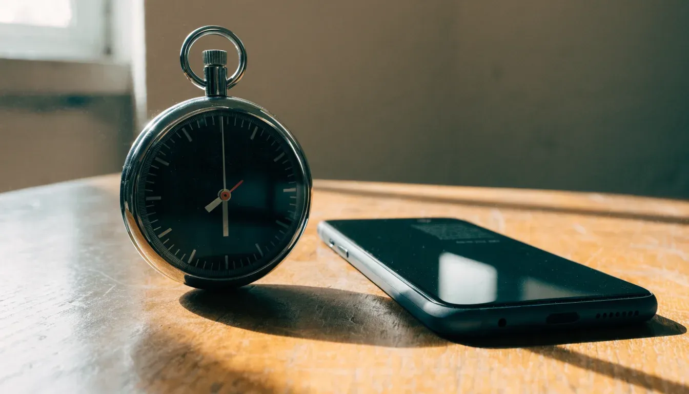 Eine Stoppuhr und ein Smartphone mit dunklem Display liegen nebeneinander auf einem Holztisch, weiches Fensterlicht