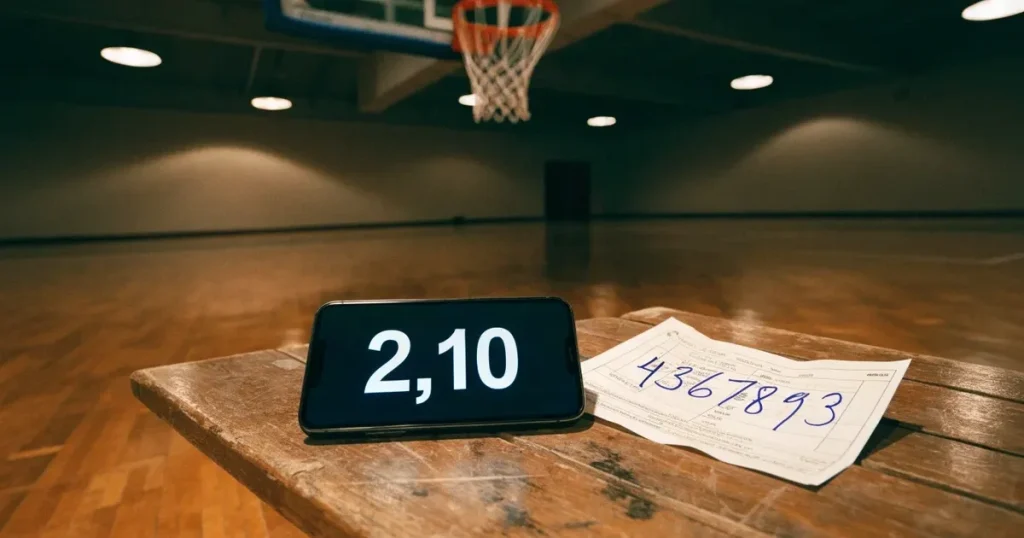 Ein Basketballkorb in einer leeren Halle, der Parkettboden glänzt im Licht der Deckenlampen