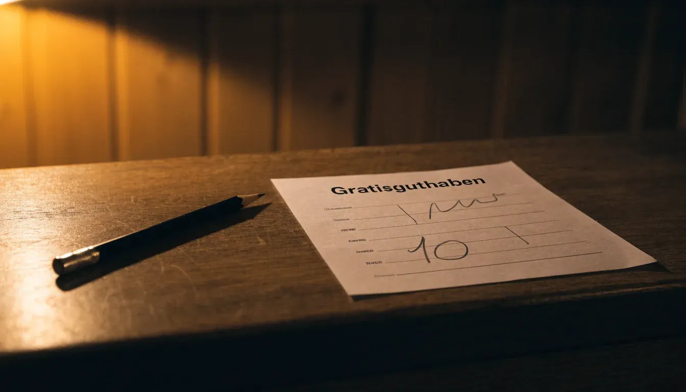 Ein leerer Wettschein aus Papier und ein Bleistift liegen auf einem Holztresen, warmes Licht einer Lampe