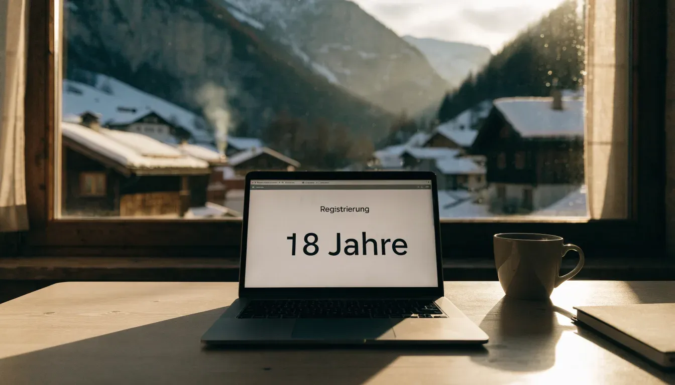 Ein Bergdorf mit Holzhäusern im Schnee, Rauch steigt aus einem Kamin, später Nachmittag mit tiefem Licht