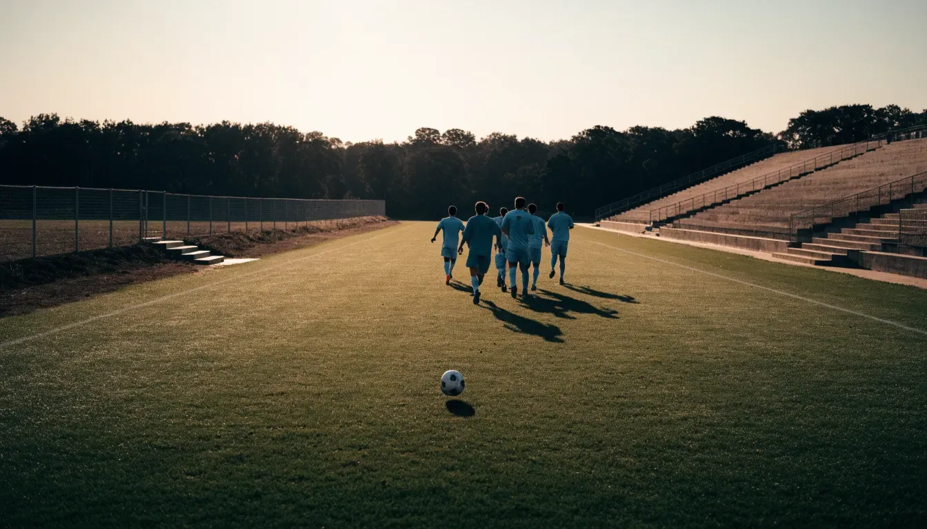 Eine leere Stadiontribüne bei Sonnenaufgang aus der Ferne, lange Schatten fallen über die Sitzreihen