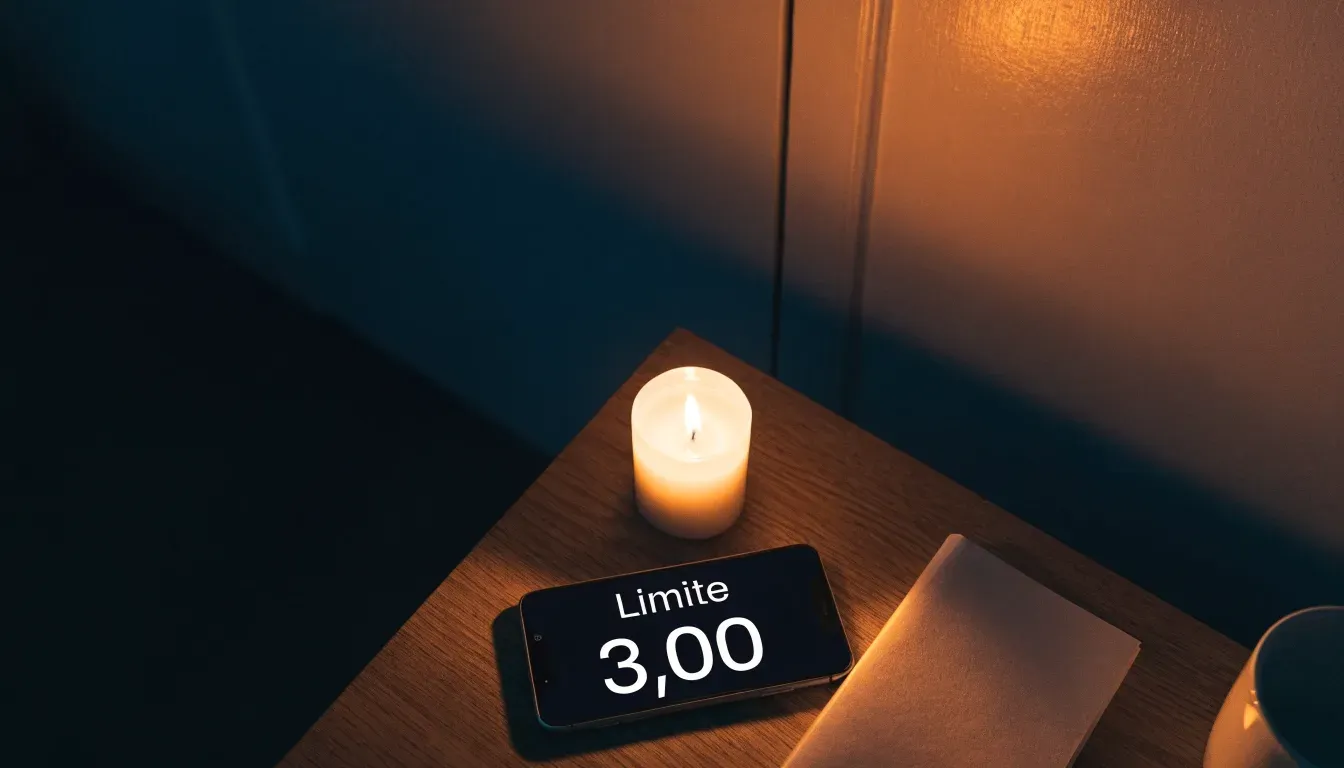 Eine Kerze brennt ruhig auf einem Holztisch neben einem geschlossenen Notizheft, abendliche Stimmung im Zimmer