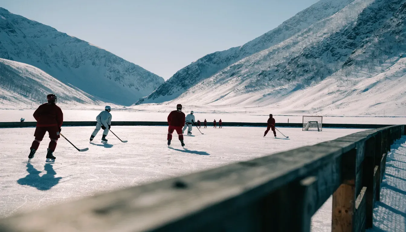 Ein Eishockeyfeld im Freien auf einem zugefrorenen See, Schneewehen an den Banden, klare Winterluft