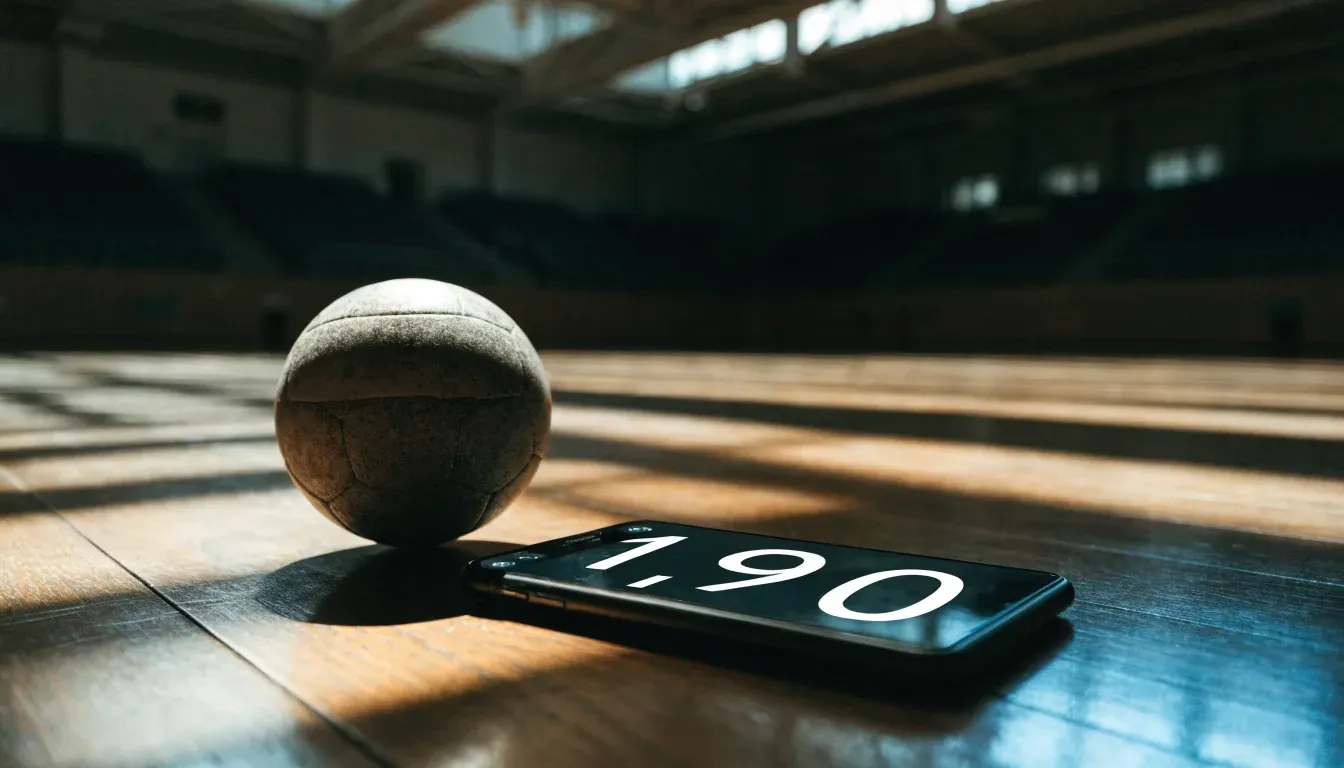 Ein Handball liegt auf dem Hallenboden einer leeren Sporthalle, Streifen von Licht aus den Oberlichtern