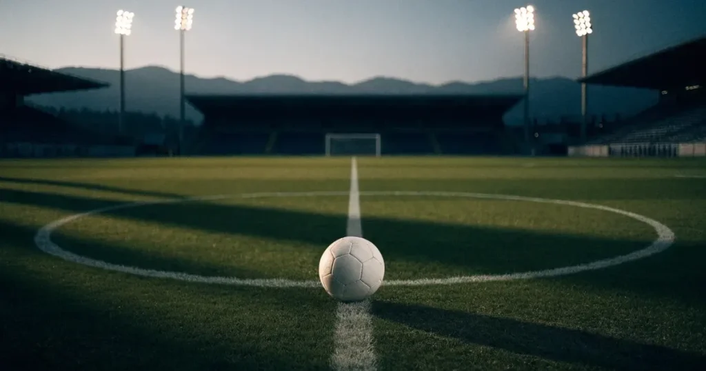 Ein Fussball liegt auf dem Anstosspunkt eines leeren Rasenplatzes in der Abenddämmerung, im Hintergrund leuchten Flutlichtmasten.