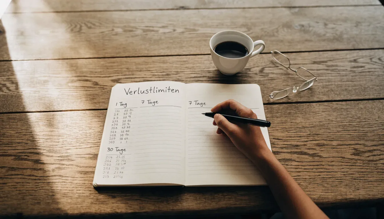 Eine Sanduhr steht neben einem Notizbuch mit handschriftlichen Notizen auf einem Holztisch, daneben dampft eine Tasse Tee.