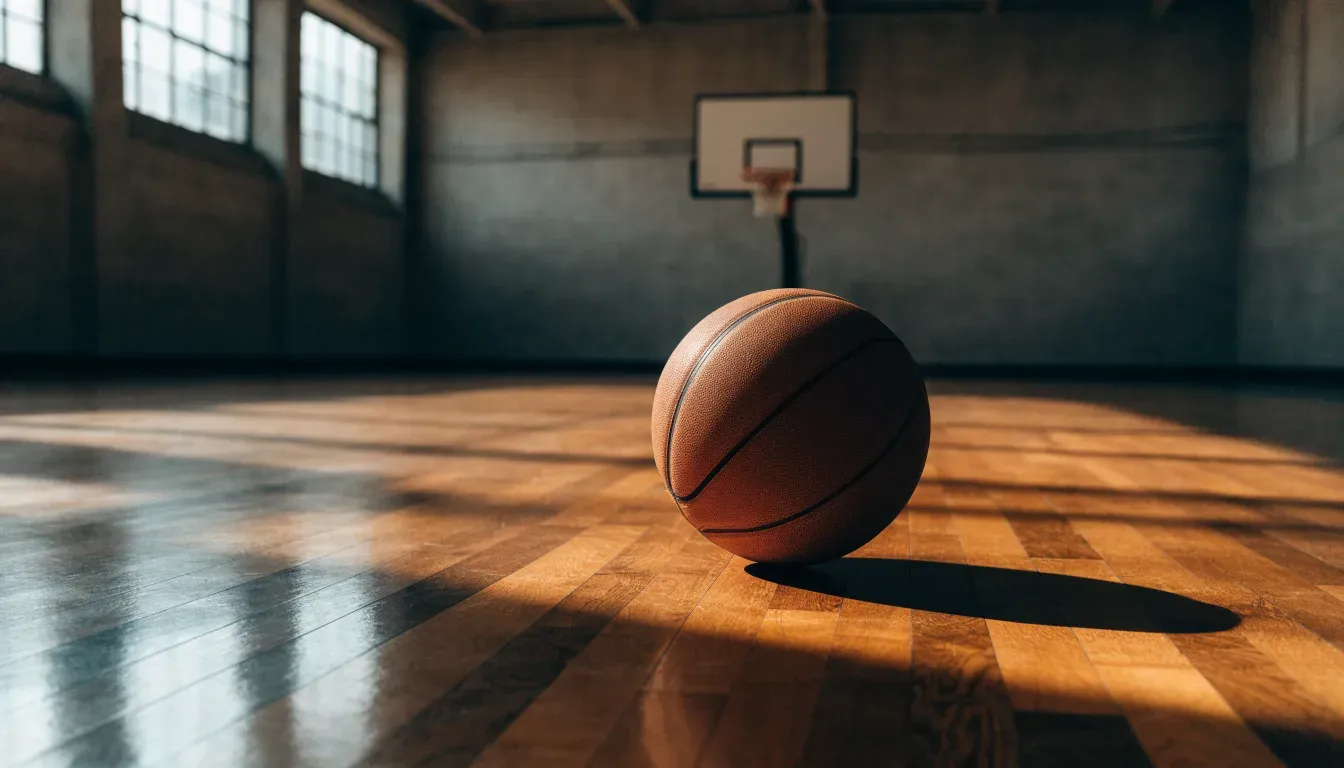 Ein Basketball ruht auf dem polierten Parkett einer leeren Halle, Nachmittagslicht fällt durch hohe Fenster.