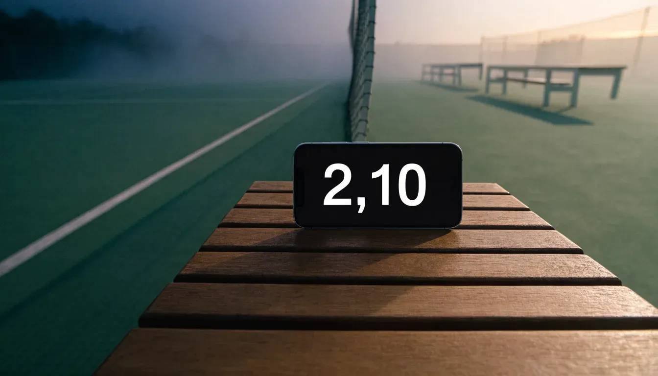 Ein gepflegter Tennisplatz im Morgengrauen, über der Grundlinie hängt leichter Nebel und die Bänke am Rand sind leer.