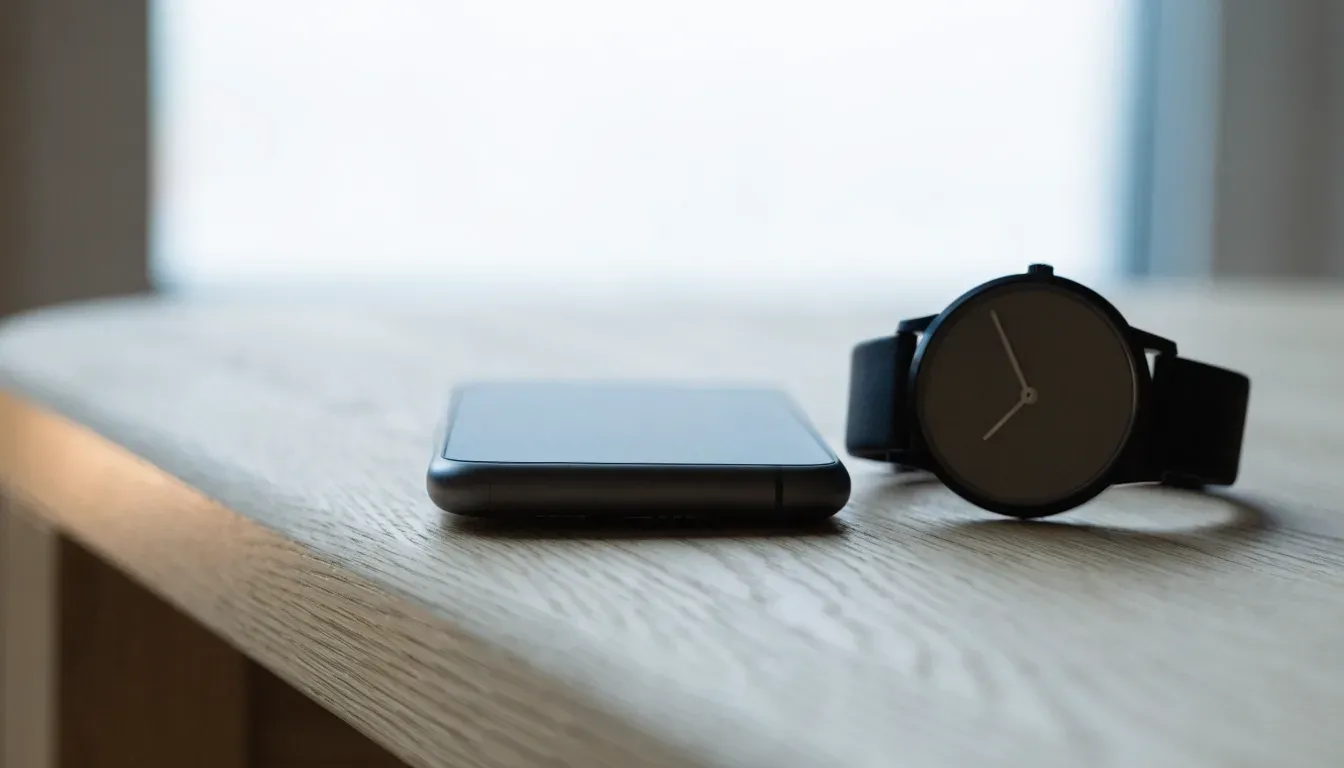 Ein Smartphone liegt mit dem Display nach unten auf einem Tisch neben einer Armbanduhr, im Hintergrund ein unscharfes Fenster.