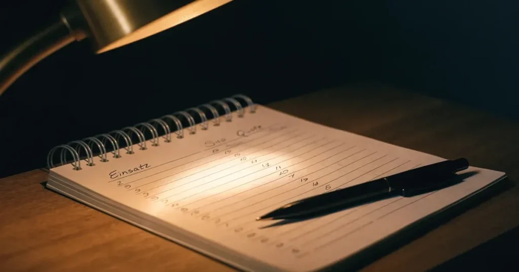 Eine Schreibtischlampe beleuchtet am späten Abend einen Block mit handschriftlichen Notizen und einen Stift.