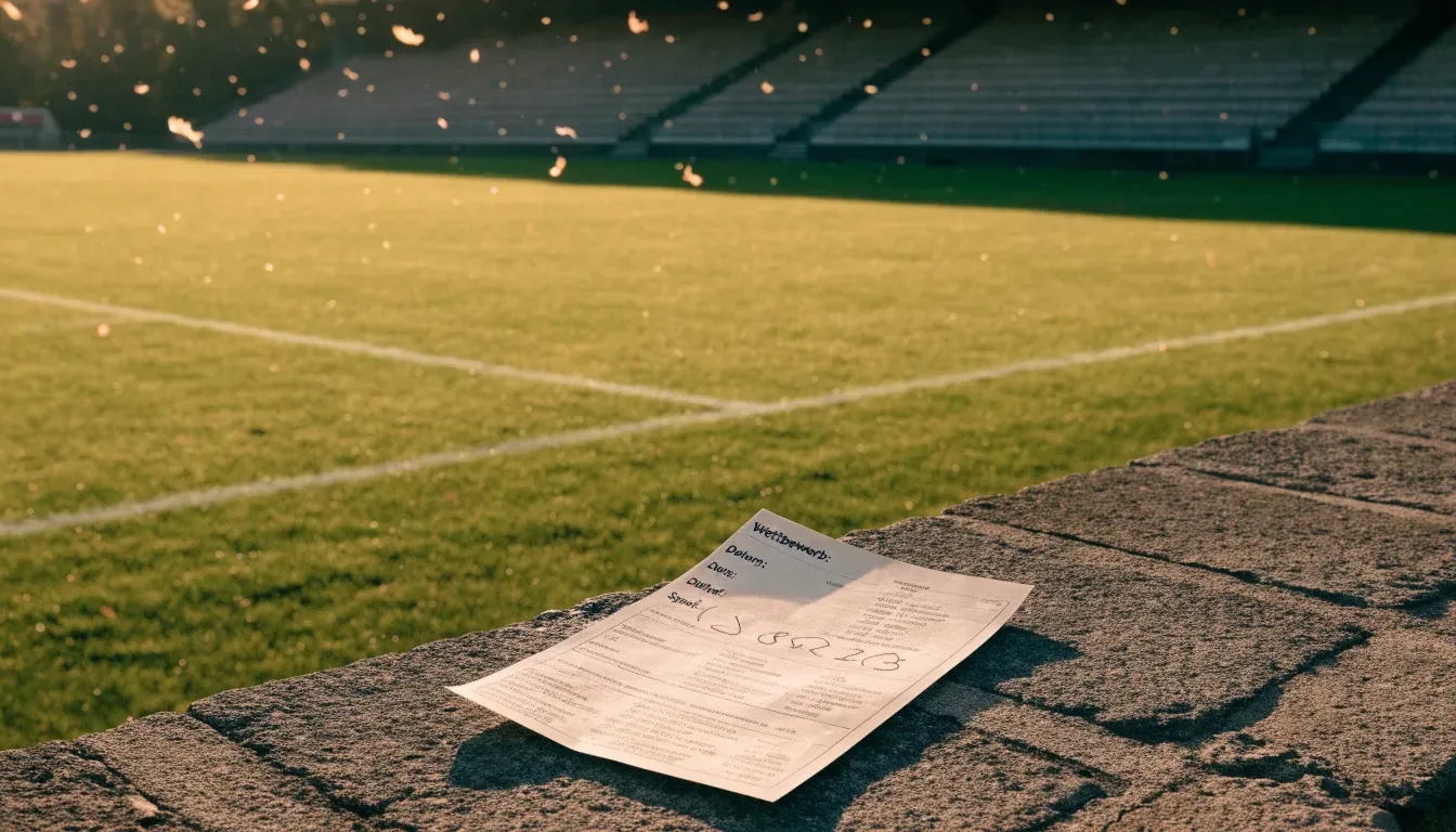 Leere Zuschauerränge eines kleinen Stadions im Herbstlicht, davor ein Rasenplatz mit frisch gezogenen Linien.