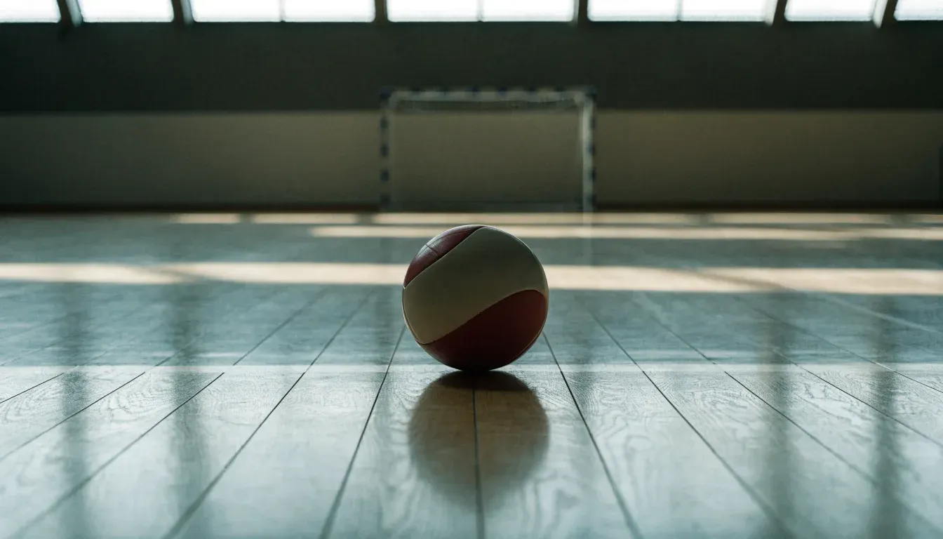 Ein Handball liegt am Rand des Torraums in einer leeren Sporthalle, Licht fällt durch Oberlichter auf den Hallenboden.