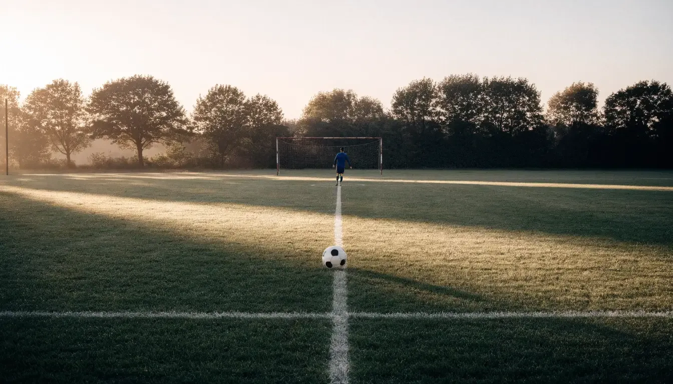 Ein Rasenspielfeld bei Sonnenaufgang, die Mittellinie verläuft quer durchs Bild und Tau glitzert auf dem Gras.