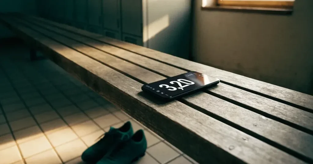 Zwei Fussballschuhe stehen nebeneinander auf einer Holzbank in einer leeren Umkleidekabine.
