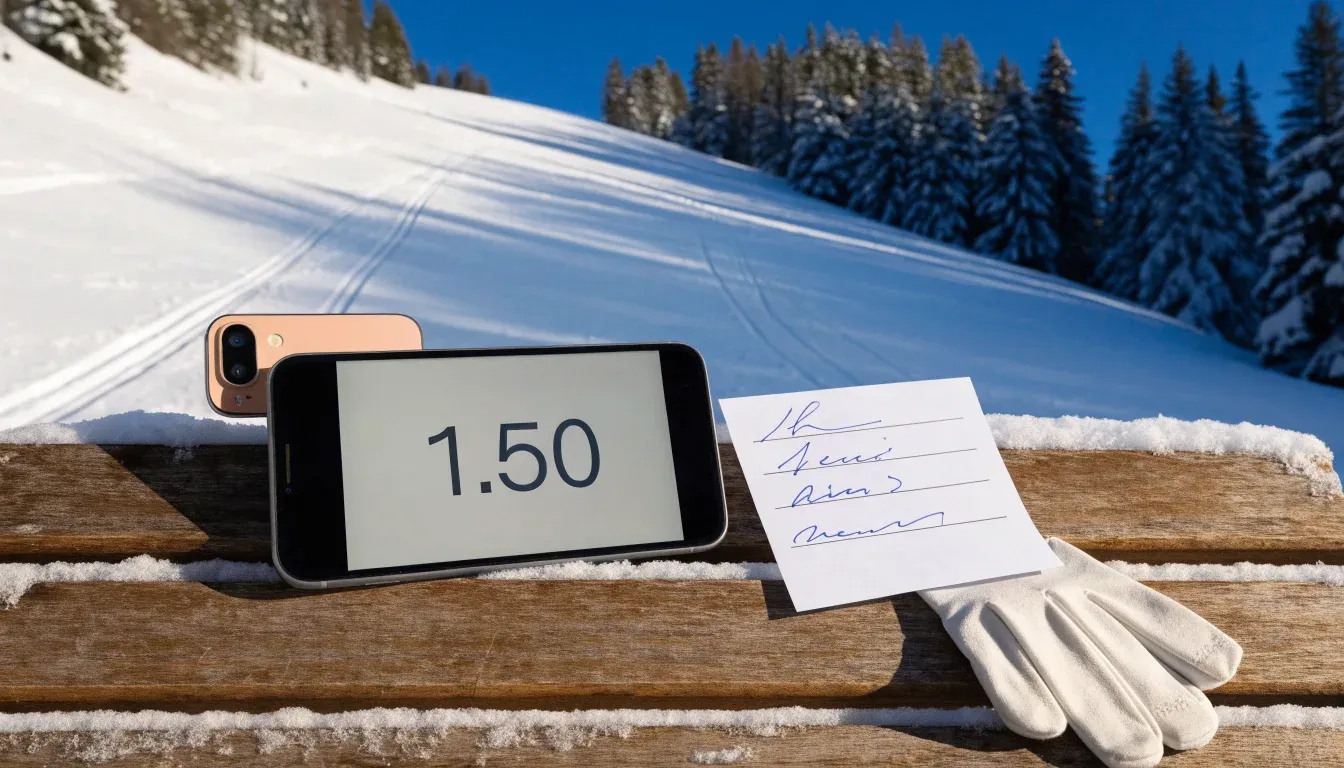 Ein Skihang mit frischen Spuren im Neuschnee unter blauem Himmel, am Rand stehen verschneite Tannen.