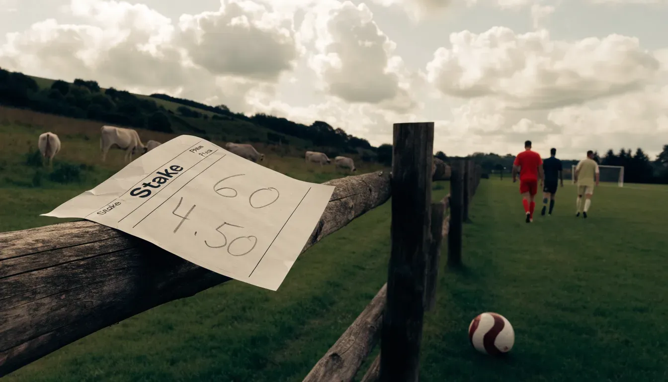 Ein Dorffussballplatz mit Holzzaun am Hang, dahinter grasen Kühe auf einer Weide unter hohen Wolken.
