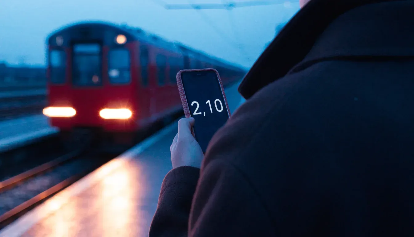 Ein Bahnsteig in der Abenddämmerung, ein Regionalzug fährt unscharf ein und Lichter spiegeln sich auf dem nassen Beton.