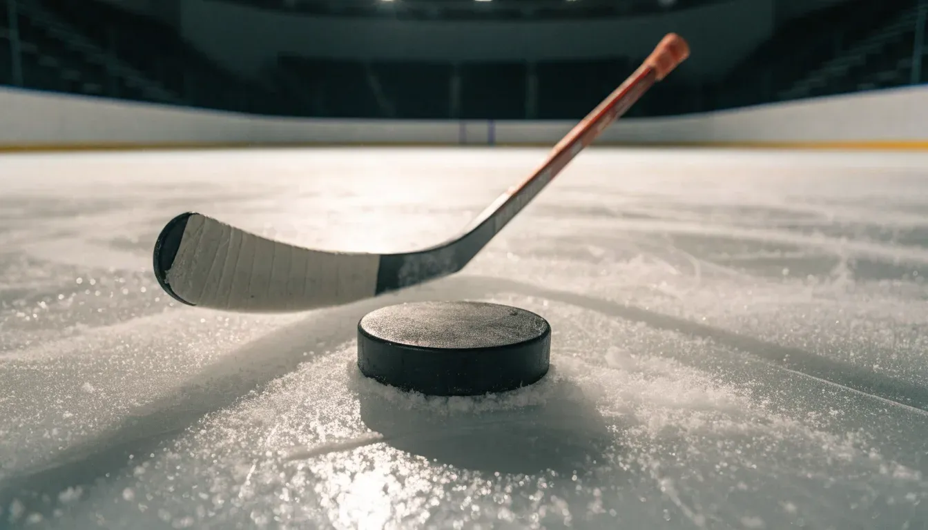 Ein Eishockeypuck und ein Schläger liegen auf einer glänzenden Eisfläche, im Hintergrund verschwimmen leere Banden.