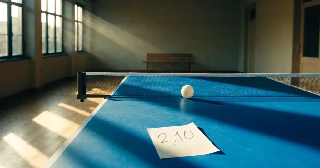 Eine Tischtennisplatte steht in einer leeren Sporthalle, ein einzelner Ball liegt am Netz und Tageslicht fällt von der Seite ein.