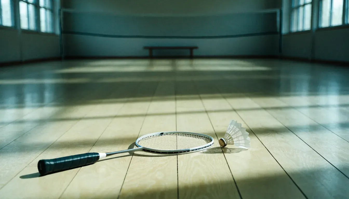 Ein Badmintonschläger liegt neben einem Federball auf dem hellen Hallenboden eines leeren Spielfelds.