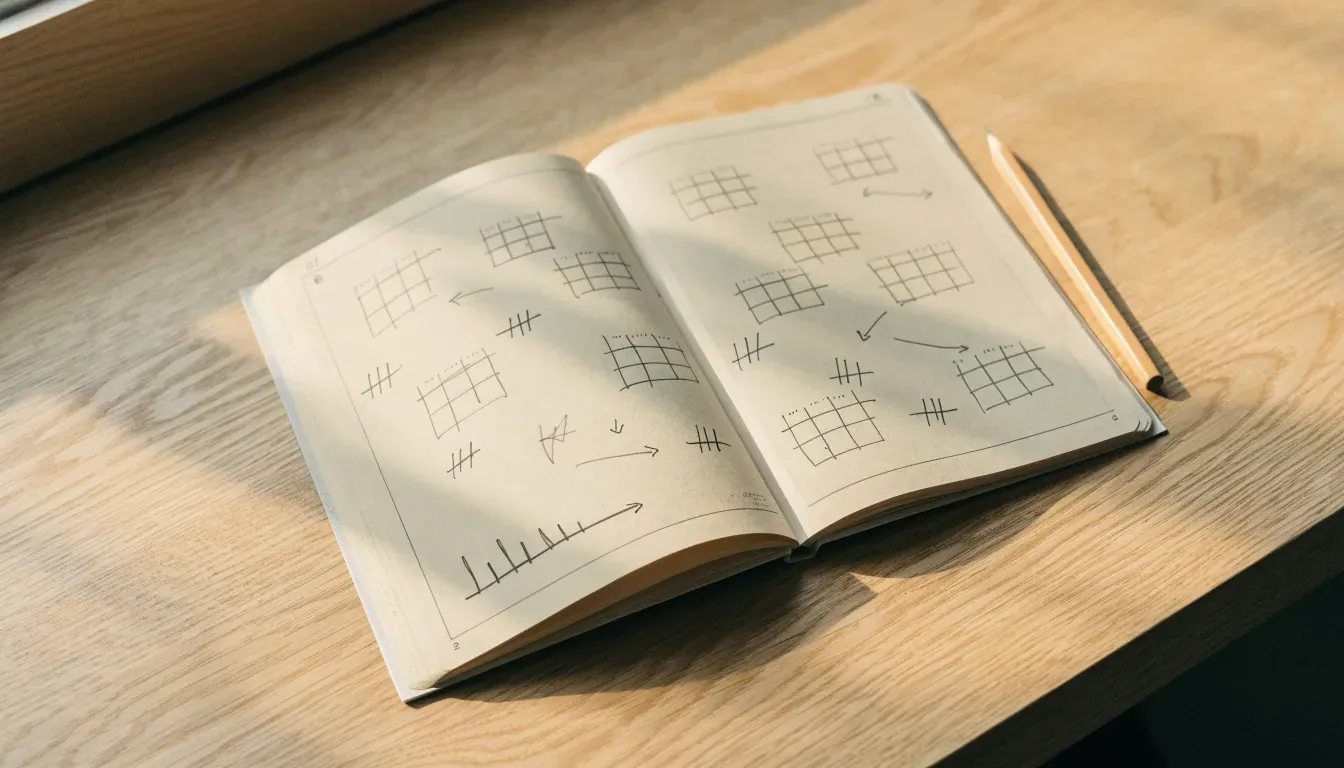 Ein aufgeschlagenes Notizbuch mit handgezeichneten Skizzen aus Kästchen und Pfeilen liegt neben einem Bleistift auf einem hellen Holztisch.