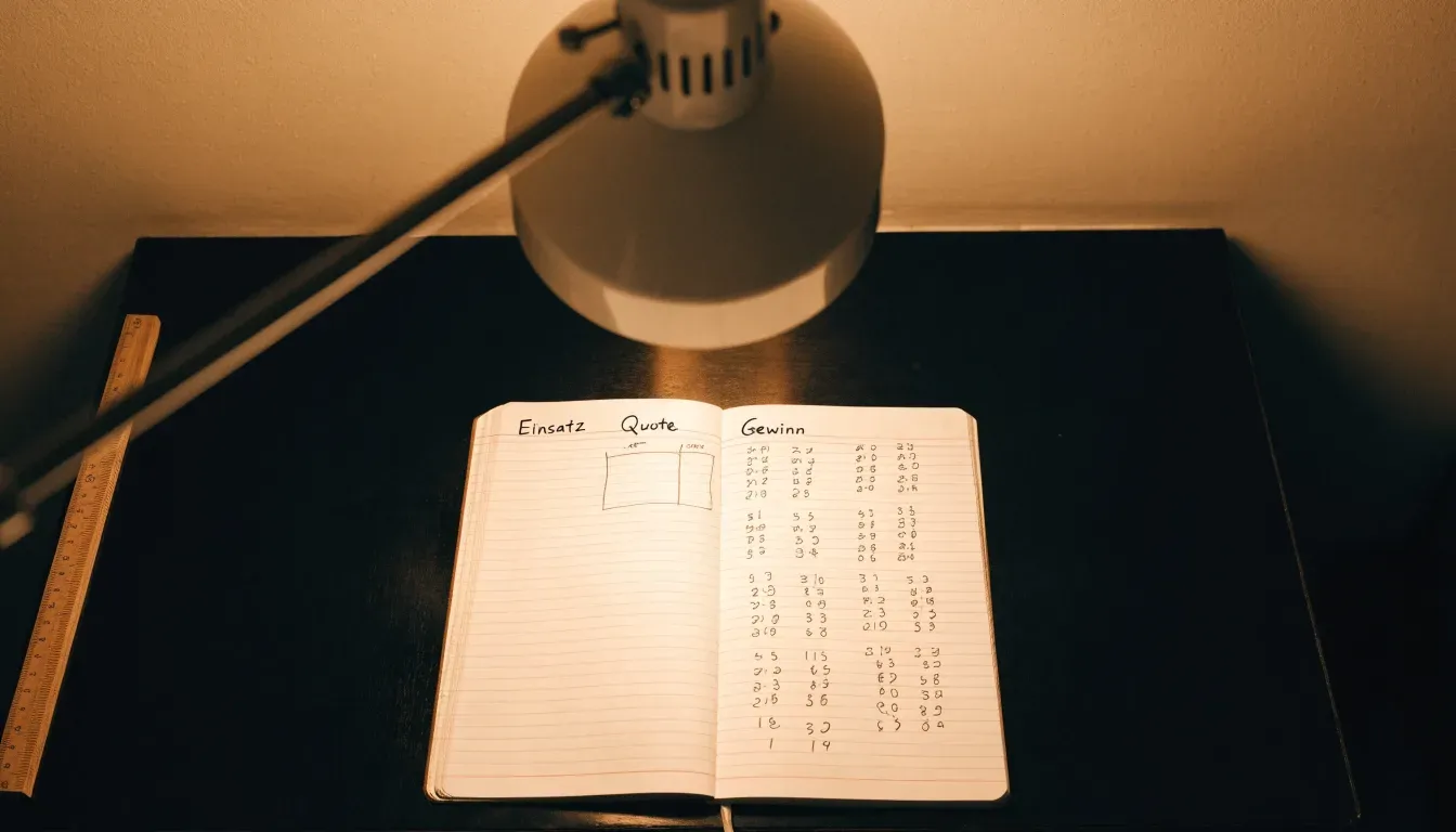 Eine Schreibtischlampe beleuchtet ein kariertes Heft mit handschriftlichen Skizzen, daneben liegt ein Lineal aus Holz.