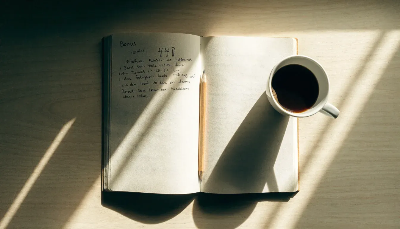 Eine Tasse Kaffee und ein Bleistift liegen auf einem sonnenbeschienenen Küchentisch neben einem leeren Notizblock.