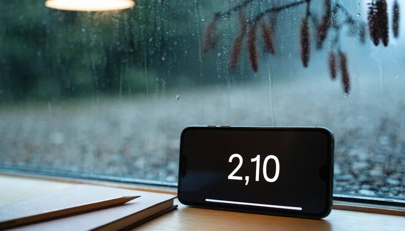 Ein Zeichenblock mit einem Bleistift und einem Radiergummi liegt auf einem Fensterbrett, draussen fällt Regen.