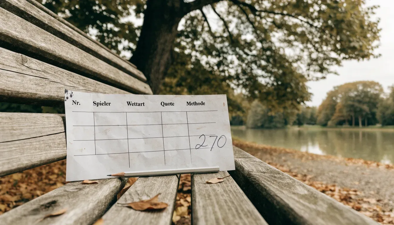 Eine Parkbank unter einer Kastanie, Herbstlaub bedeckt den Kiesweg, im Hintergrund ein stiller Teich.
