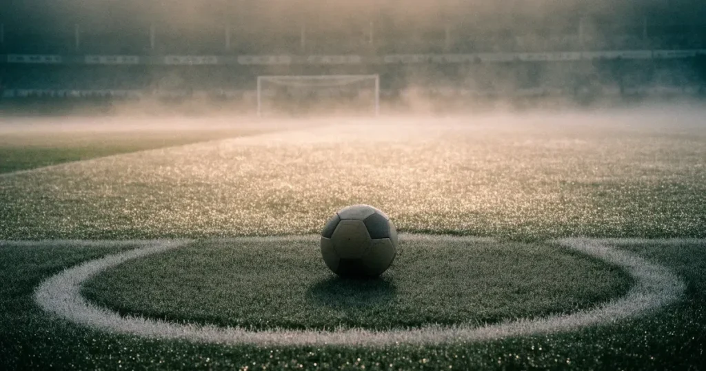 Ein Fussball liegt auf dem Anstosspunkt eines leeren Rasenplatzes im dichten Morgennebel.