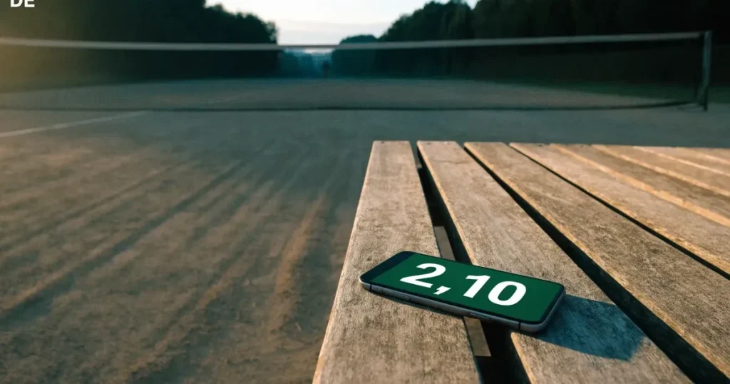 Ein Tennisplatz bei Sonnenaufgang mit gespanntem Netz und feuchtem Sandbelag, niemand steht auf dem Platz.
