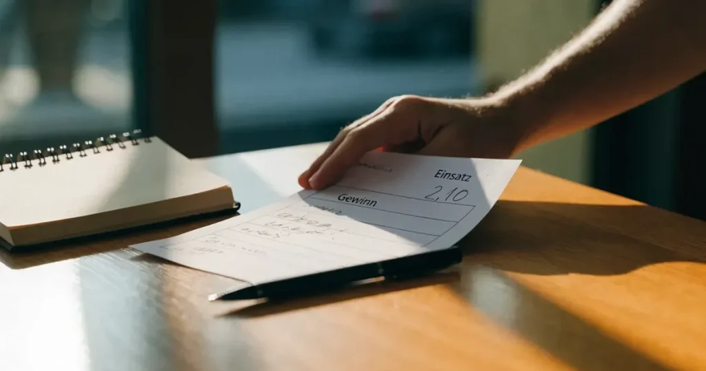 Ein Stapel unbedruckter Papierscheine liegt neben einem Kugelschreiber auf einem Holztisch.