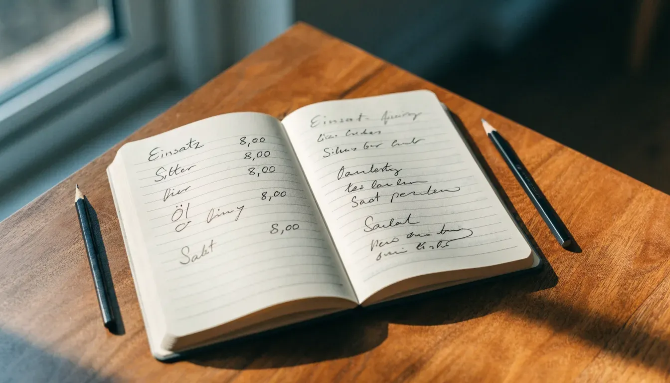 Ein aufgeschlagenes Notizbuch mit handschriftlichen Spalten und ein Bleistift liegen auf einem Holztisch neben einem Fenster.