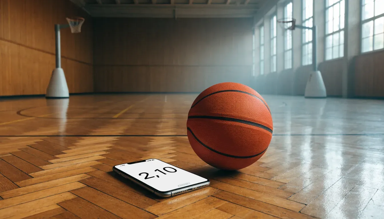 Ein Basketball ruht auf dem Parkett einer leeren Sporthalle, durch hohe Fenster fällt Tageslicht.