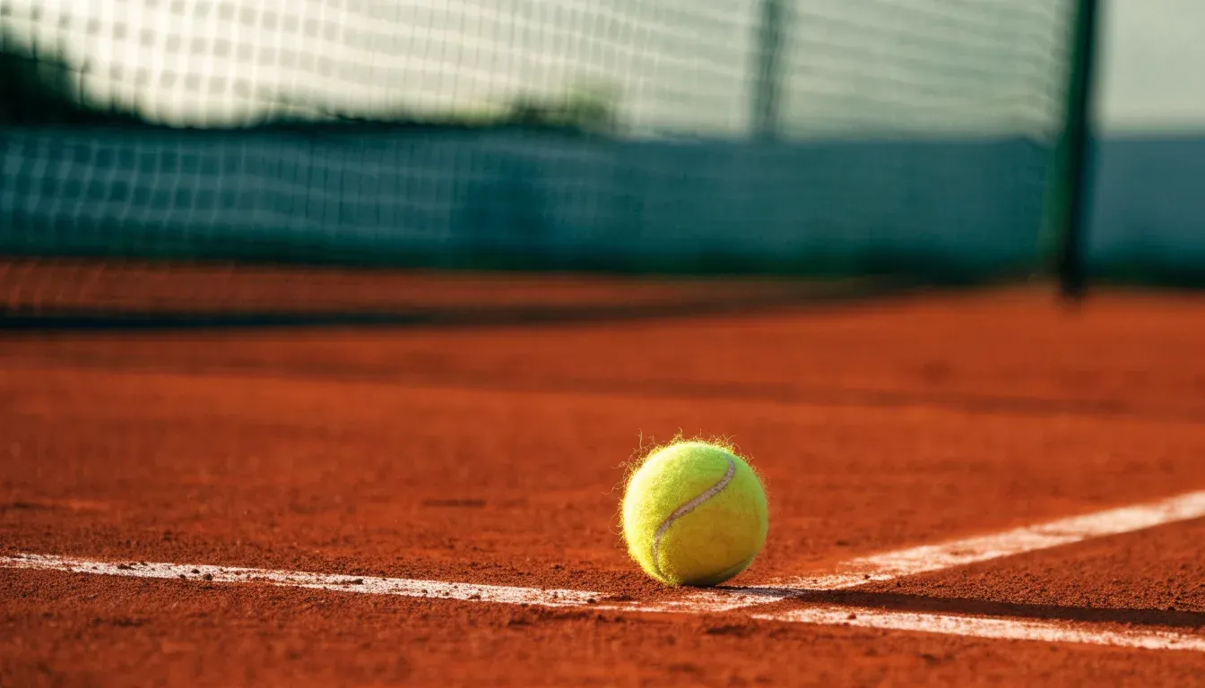 Ein Tennisball liegt auf rotem Sand neben einer verblassten Linie, das Licht ist weich.