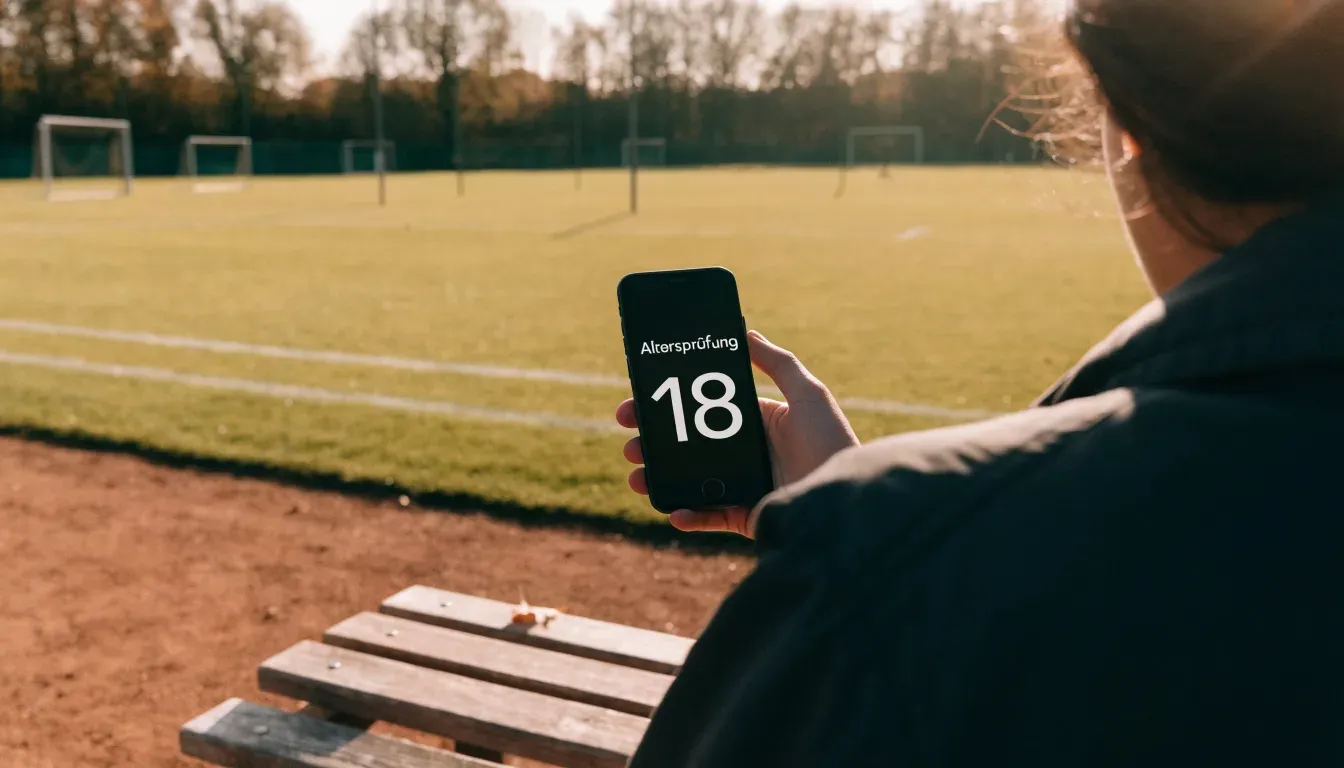 Eine hölzerne Bank steht an der Seitenlinie eines leeren Sportplatzes, dahinter Bäume im Herbstlicht.