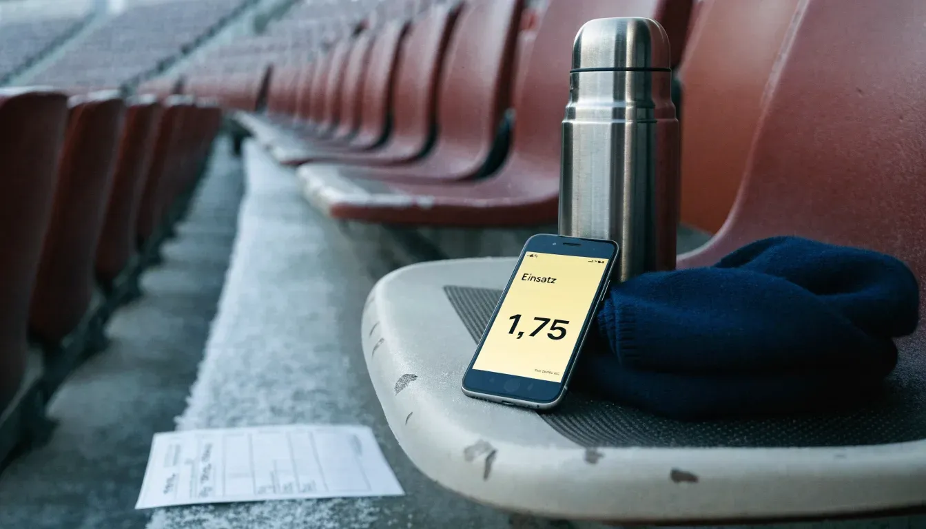 Ein grauer Wollschal und eine Thermoskanne liegen auf einem Sitz im winterlichen Stadion, Raureif liegt auf den Stufen.
